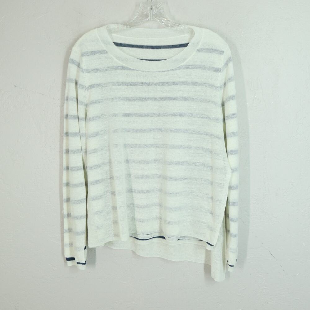 Eileen Fisher Linen Blend Top M Ivory Blue Nautical Striped Long Sleeve Layered